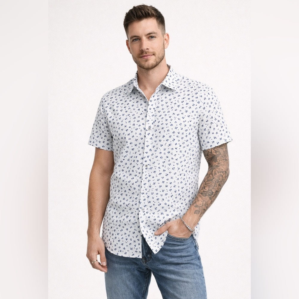 Denim & Flower Ricky Singh Men's White Short Sleeve Button Down Shirt Size‎ L
